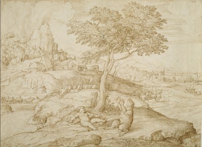 Transformación de Callisto en oso después de dar a luz a Arcas, c.1558 de Domenico Campagnola