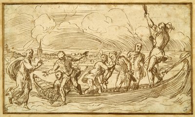 Cristo y San Pedro caminando sobre el agua de Domenico Campagnola