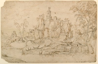 Paisaje de fantasía con molino de agua de Domenico Campagnola