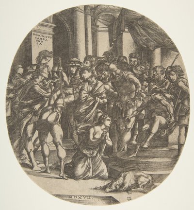 Figura femenina Santa Catalina arrodillada en el suelo en el centro suplicando a una figura masculina, 1517 de Domenico Campagnola