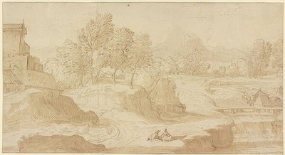 Paisaje figurativo, a la derecha un río con un puente cerca de molinos, al frente dos figuras sentadas de Domenico Campagnola