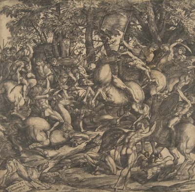 Grupo de hombres desnudos en batalla en un paisaje boscoso, algunos a caballo, un perro en lo..., 1517 de Domenico Campagnola