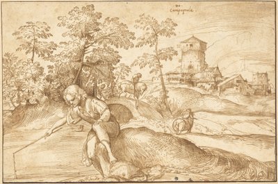 Paisaje con un Niño Pescando de Domenico Campagnola