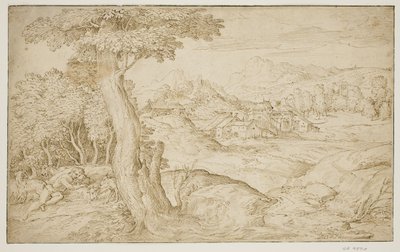 Paisaje con una ciudad y un pastor durmiendo de Domenico Campagnola