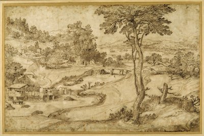 Paisaje con un río serpenteante de Domenico Campagnola