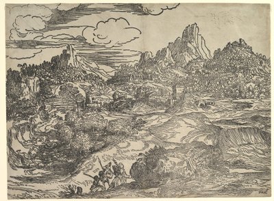 Paisaje con familia caminando junta en primer plano, a la izquierda dos figuras con..., ca. 1535-40 de Domenico Campagnola