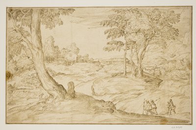 Paisaje con peregrinos acercándose a una iglesia de Domenico Campagnola