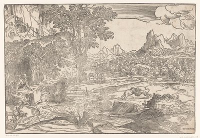 Paisaje con Hieronymus y dos leones de Domenico Campagnola