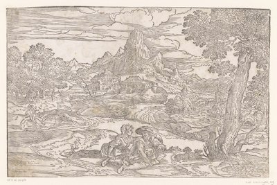 Paisaje con una pareja con zanfoña de Domenico Campagnola