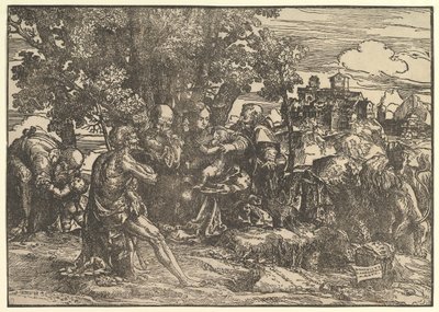 María sentada bajo los árboles con el bebé, flanqueada por José a la izquierda y San Jerónimo a la derecha, San..., 1517 de Domenico Campagnola