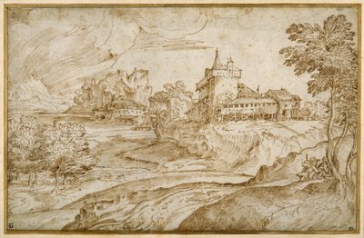 Paisaje montañoso con un castillo y otros edificios junto a un río; un hombre apresurando a una mujer, c.1540 de Domenico Campagnola