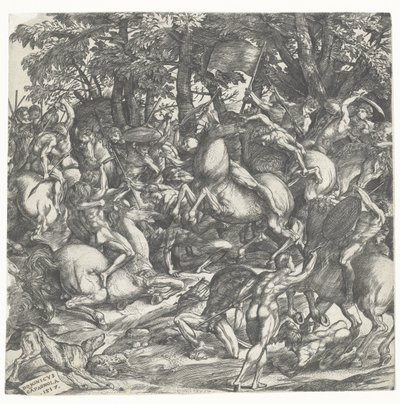 Hombres desnudos con lanzas sobre caballos peleando de Domenico Campagnola