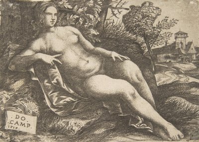 Mujer desnuda Venus reclinada en un paisaje de Domenico Campagnola