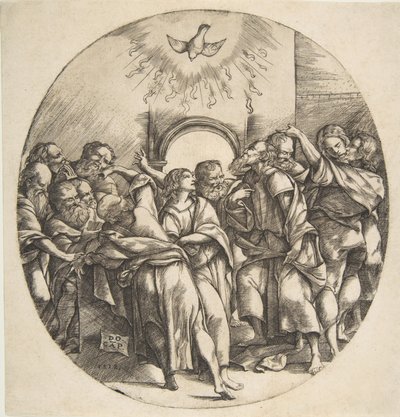 El Espíritu Santo como un pájaro descendiendo con las alas extendidas en el centro superior, los doce apóstoles..., 1518 de Domenico Campagnola