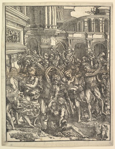 La masacre de los inocentes, lado derecho con grupo de figuras masculinas atacando a mujeres... de Domenico Campagnola