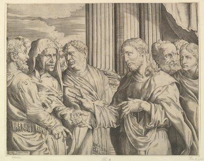 El Dinero del Tributo: Cristo en el centro a la derecha gesticulando al hombre a su izquierda con monedas de Domenico Campagnola