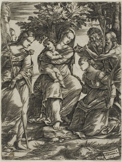 Virgen y Niño con Santos de Domenico Campagnola