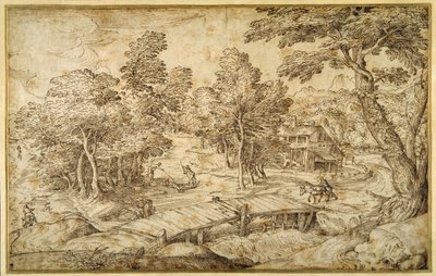 Paisaje boscoso con una granja y un puente de madera sobre una esclusa de Domenico Campagnola