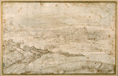 Paisaje boscoso con un río serpenteante; en la distancia una ciudad, una mezcla de agujas y cúpulas con ruinas antiguas de Domenico Campagnola