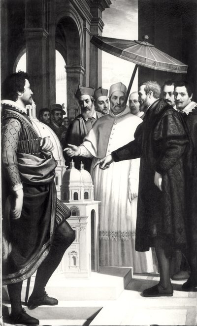 Miguel Ángel (1475-1564) presentando un modelo de la cúpula de San Pedro al Papa Pablo IV (1476-1559) de Domenico Cresti