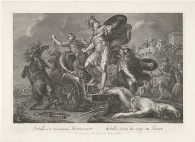 Aquiles arrastra el cadáver de Héctor detrás de su carro. Achilles in exanimem Hectora saevit / Achilles descarga su ira sobre Héctor (título sobre objeto) de Domenico Cunego