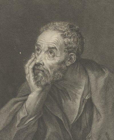 Un anciano barbudo descansando su cabeza en su mano derecha y mirando hacia arriba a la izquierda, 1775 de Domenico Cunego