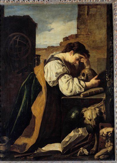 Melancolía. Una joven triste se inclina sobre una calavera, una esfera armilar detrás de ella. Pintura (Vanitas) de Domenico Feti (1589-1624) de Domenico Feti