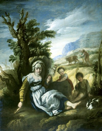 Adán y Eva trabajando de Domenico Fetti or Feti