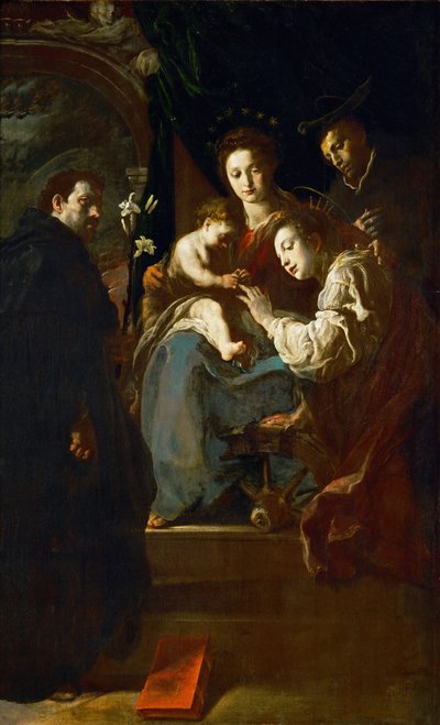Barroco: El matrimonio místico de Santa Catalina, con San Domingo y San Pedro Mártir de Domenico Fetti or Feti