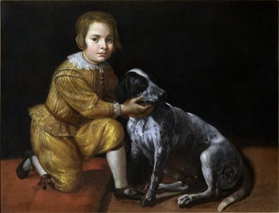 Retrato de un niño con un perro de Domenico Fiasella