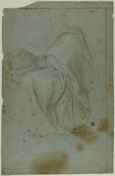 Figura masculina sentada con libro (recto); Dos mujeres sentadas con boceto de mano izquierda (verso) de Domenico Fiasella