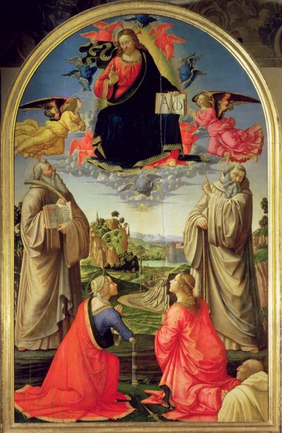 Cristo en Gloria con San Benito (c.480-547), San Romualdo (c.952-1027), Santa Attinia, Santa Grecinia y el donante, abad Buonvicini, 1492 (panel) de Domenico Ghirlandaio