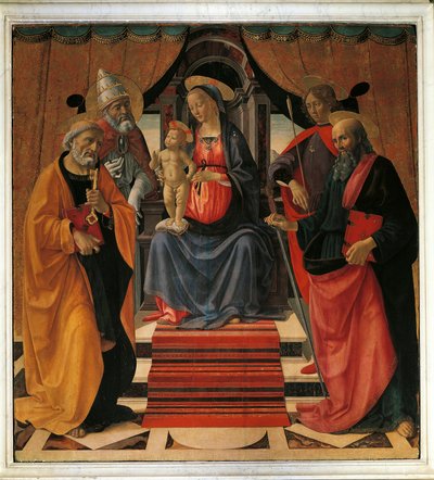Santa Conversación. La Virgen María y Jesucristo rodeados por San Pedro, San Pablo, San Sebastián y el Papa San Clemente de Domenico Ghirlandaio