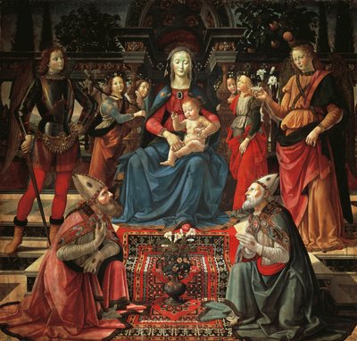Virgen con el Niño entronizado, San Zenobio, San Justo, San Miguel Arcángel y San Rafael Arcángel, hacia 1483, de Domenico Ghirlandaio (1449-1494), temple sobre madera. de Domenico Ghirlandaio