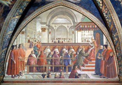 San Francisco recibiendo la Regla de la Orden del Papa Honorio, escena de un ciclo de la Vida de San Francisco de Asís, 1486 de Domenico Ghirlandaio