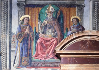 San Zenobio, obispo y protector de Florencia, entre los santos Eugenio y Crescencio y Marzocco, el león, símbolo de la ciudad, de Domenico Ghirlandaio (1449-1494), fresco, detalle, Palazzo Vecchio, Sala de los Lirios (Sala dei Gigli), Florencia de Domenico Ghirlandaio