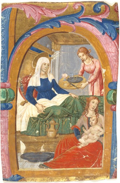 El nacimiento de la Virgen en una inicial H de Domenico Ghirlandaio