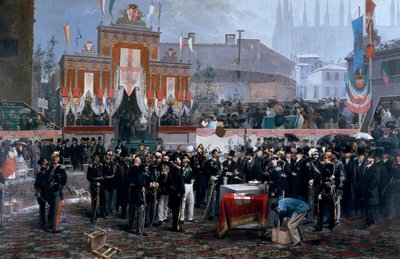 Ceremonia de colocación de la primera piedra de la Galería Victor Emmanuel II en Milán, 7 de marzo de Domenico Induno