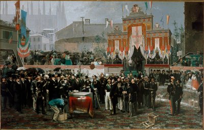 Ceremonia de colocación de la primera piedra de la galería Vittorio Emanuele II el 7 de marzo de 1865 de Domenico Induno