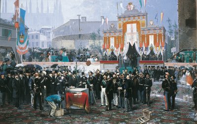 Colocación de la primera piedra de la Galleria Vittorio Emanuele en Milán de Domenico Induno