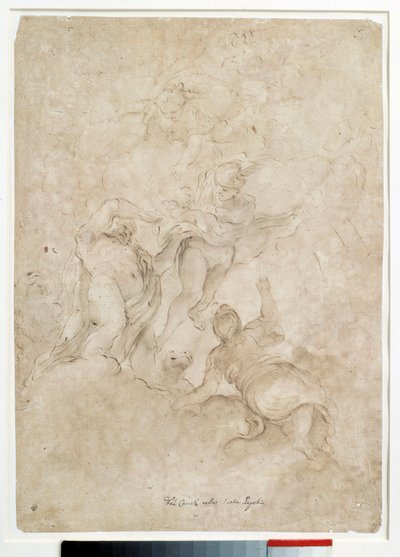 Júpiter confía a Baco a Mercurio. Dibujo con lavado marrón y sangre por Domenico Canuti (1620-1684) París. Museo del Louvre de Domenico Maria Canuti