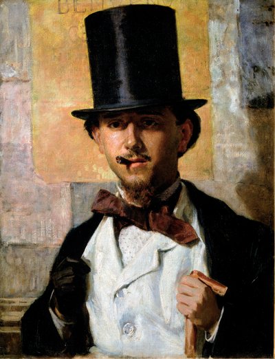 Retrato del pintor italiano Bernardo Celentano (1835-1863) Hombre elegante con sombrero de copa y traje, pajarita, bastón y guante de Domenico Morelli