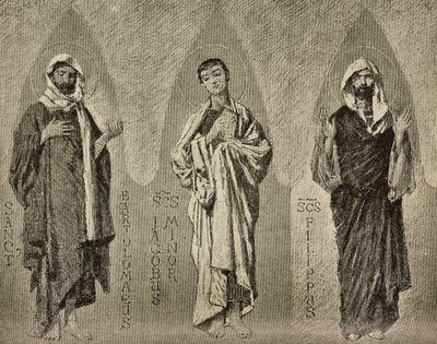 San Bartolomé, Santiago el Menor y Felipe, cartones de Domenico Morelli para el mosaico de la catedral de Amalfi, Italia, dibujo de P Scoppetta, grabado de L