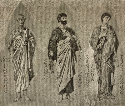 San Pedro, San Andrés y San Judas el Apóstol, cartones de Domenico Morelli para el mosaico de la catedral de Amalfi, Italia, dibujo de P Scoppetta, grabado de L