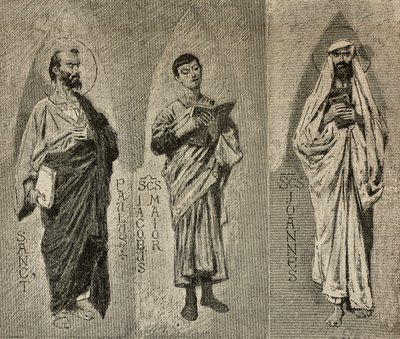 San Pablo, Santiago el Mayor y Juan, cartones de Domenico Morelli para el mosaico de la Catedral de Amalfi, Italia, dibujo de P Scoppetta, grabado de L