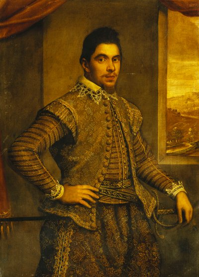 Retrato de un caballero, de pie tres cuartos de longitud, con un traje elaborado bordado, frente a una ventana, un paisaje más allá de Domenico Robusti Tintoretto