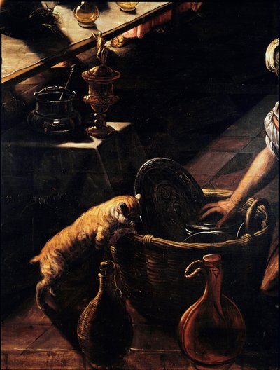 La última cena (detalle de un gato buscando en una cesta) de Domenico Robusti Tintoretto