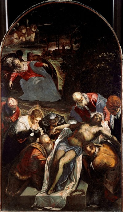 El entierro. Entre los personajes que rodean el cuerpo de Jesucristo: San Nicodemo, José de Arimatea, San Juan, la Virgen María y San Juan de Domenico Robusti Tintoretto