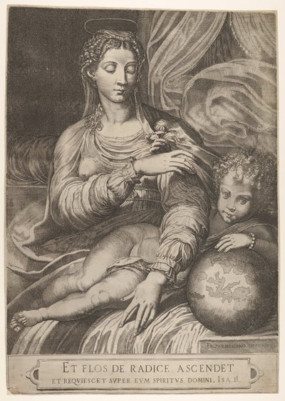 Madonna de la rosa, ella alcanza una rosa sostenida por el niño Jesús, que descansa su pie izquierdo..., 1560-75 de Domenico Tibaldi