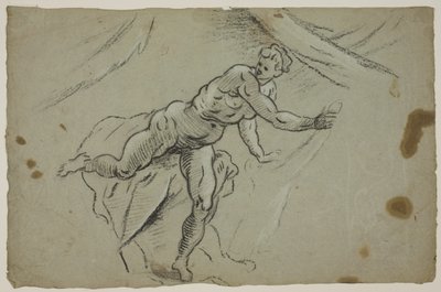 Mujer desnuda con un trozo de tela en las manos saliendo apresuradamente de una tienda de Domenico Tintoretto